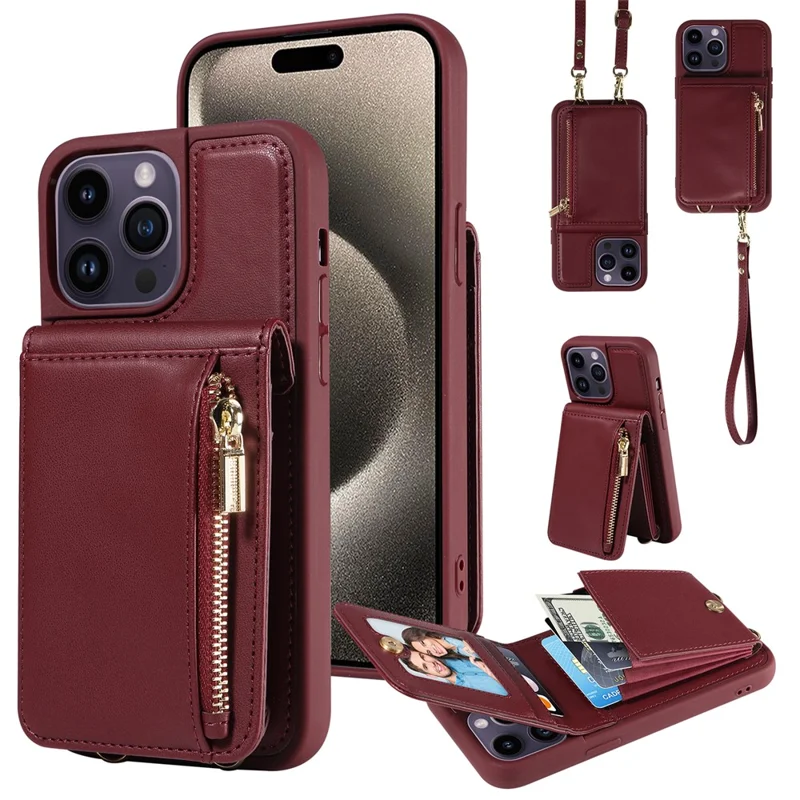 For 	iPhone 15 Pro Max Case RFID Blocking PU+TPU Wallet Phone Guard Cover - Wine Red