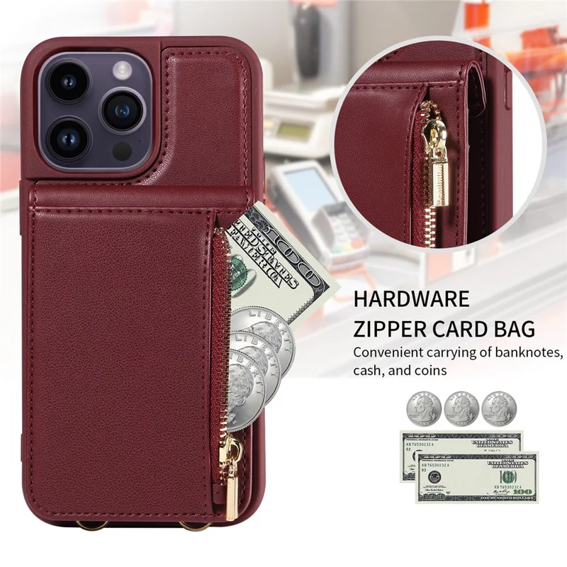 For 	iPhone 15 Pro Max Case RFID Blocking PU+TPU Wallet Phone Guard Cover - Wine Red