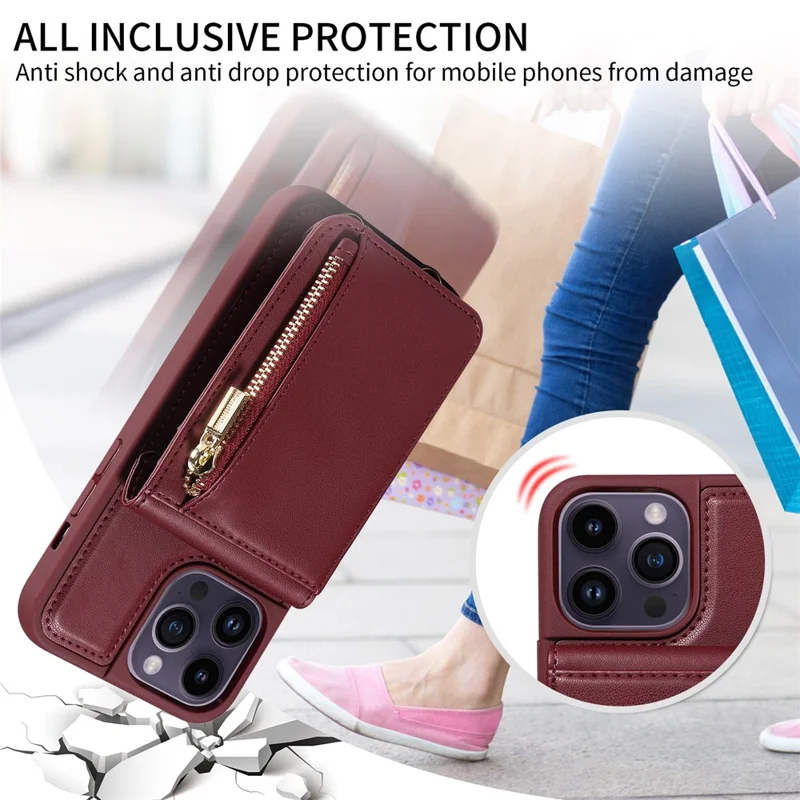 For 	iPhone 15 Pro Max Case RFID Blocking PU+TPU Wallet Phone Guard Cover - Wine Red