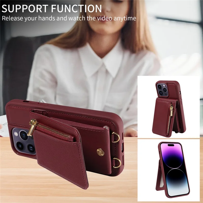 For 	iPhone 15 Pro Max Case RFID Blocking PU+TPU Wallet Phone Guard Cover - Wine Red