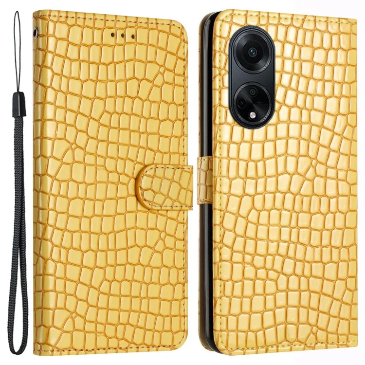Pour Oppo A98 5G Étui portefeuille en cuir avec texture de crocodile Étui de téléphone portable avec sangle - Jaune