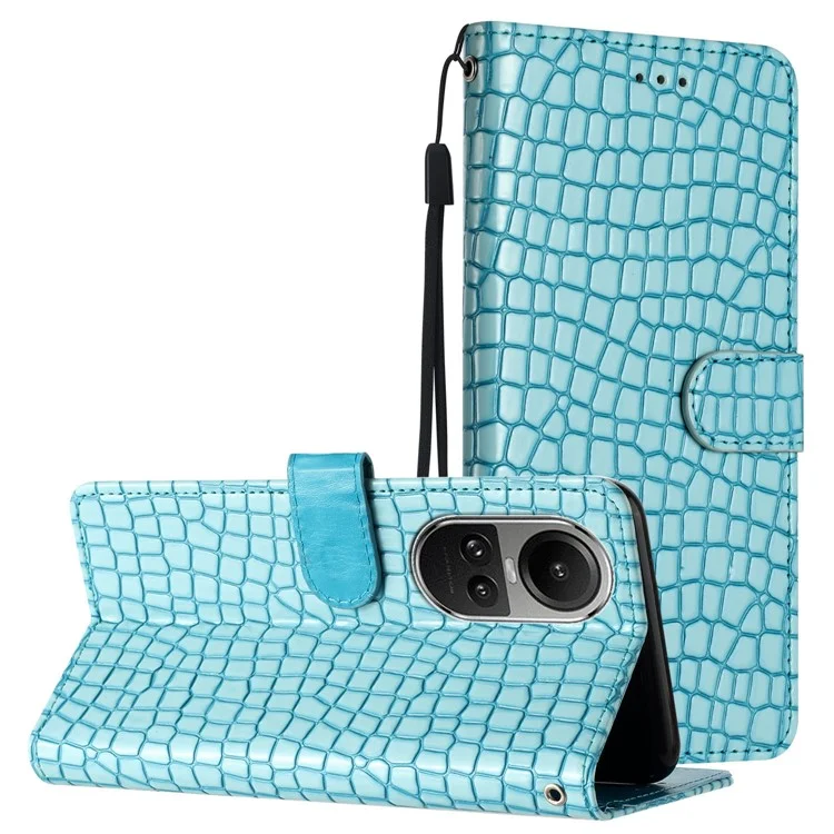 Pour Oppo Reno10 5G (Global) / Reno10 Pro 5G (Global) Coques de téléphone portable en texture de crocodile avec sangle - Bleu