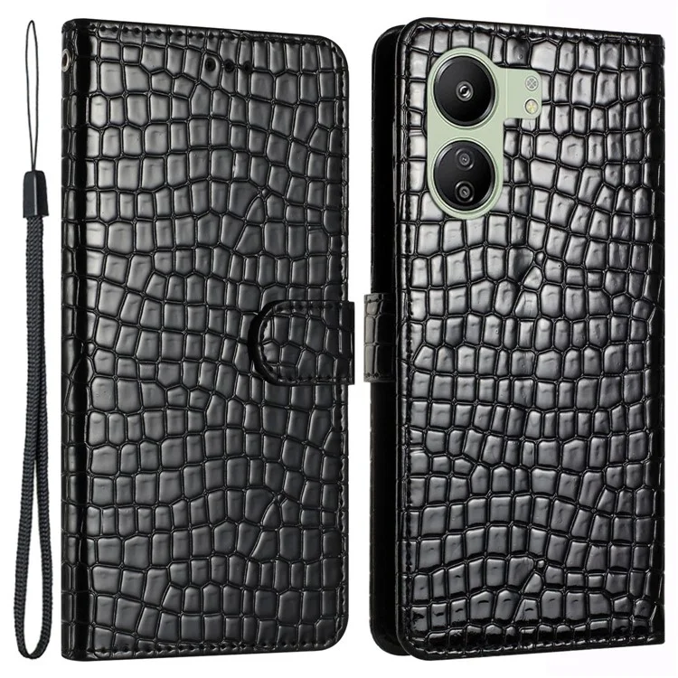 Para Xiaomi Redmi 13C 4G / 13C 5G / 13R 5G / Poco C65 4G / Poco M6 5G Anti-Scratch Crocodile Texture Leather Cell Phone Cases with Strap - Black