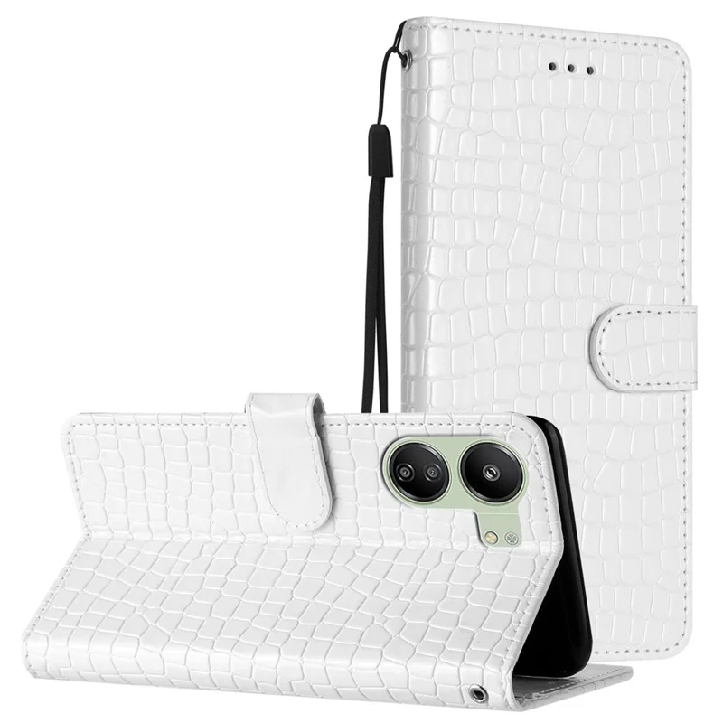 For Xiaomi Redmi 13C 4G / 13C 5G / 13R 5G / Poco C65 4G / Poco M6 5G Anti-Scratch Crocodile Texture Leather Cell Phone Cases with Strap - White