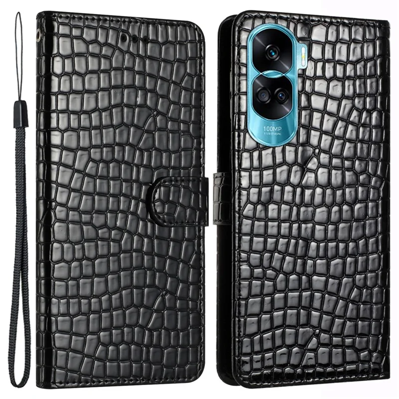 Crocodile Texture Cover for Honor 90 Lite 5G / X50i 5G Leather Cell Phone Cases with Strap - Black