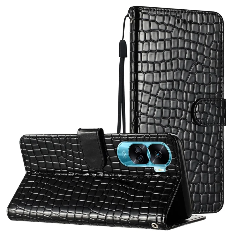 Crocodile Texture Cover for Honor 90 Lite 5G / X50i 5G Leather Cell Phone Cases with Strap - Black