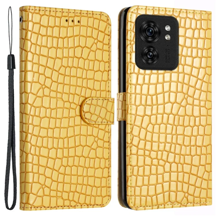 Para Motorola Edge 40 5G PU Leather Wallet Phone Cover Crocodile Texture Stand Phone Case with Strap - Amarillo