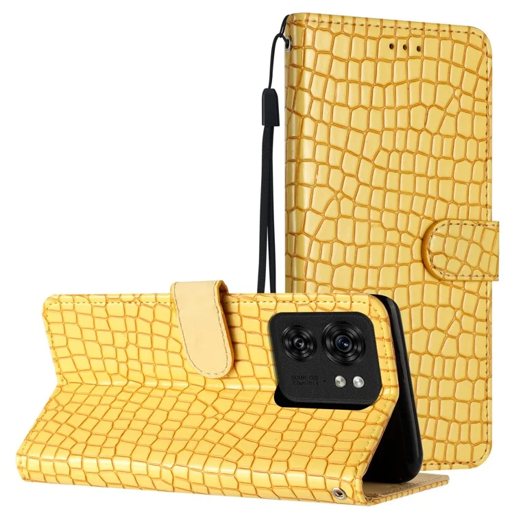 Para Motorola Edge 40 5G PU Leather Wallet Phone Cover Crocodile Texture Stand Phone Case with Strap - Amarillo