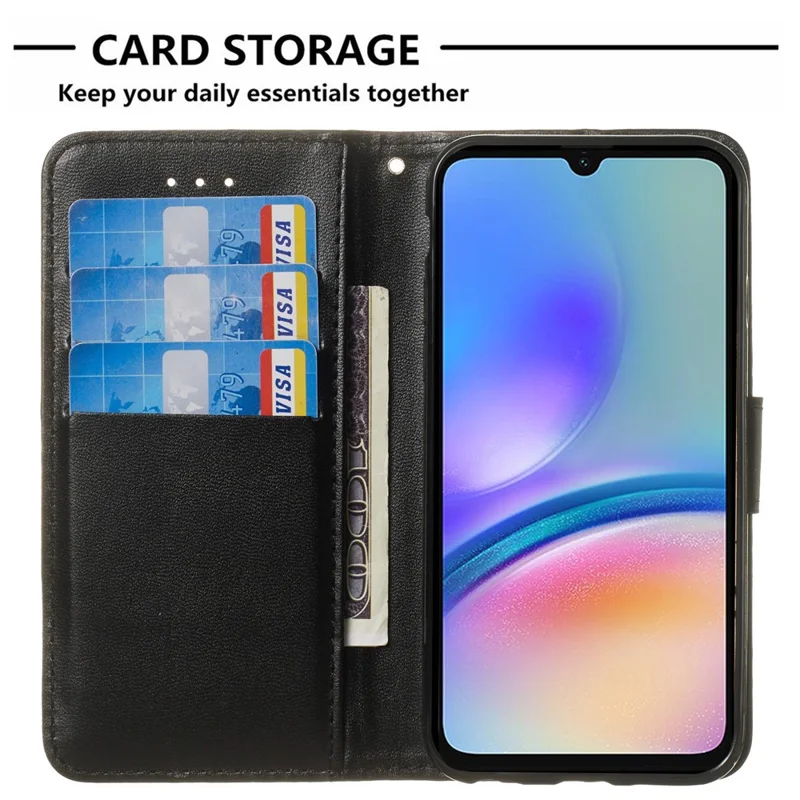 For Samsung Galaxy A05s 4G Cell Phone Cases PU Leather Drop-proof Cover with Wrist Strap - Black