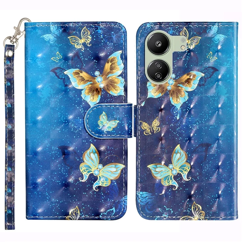 Para Xiaomi Redmi 13C 4G / 13C 5G / 13R 5G / Poco C65 4G / Poco M6 5G Funda de Cartera Piel sintética Diseño 3D - Mariposas Azul Dorado