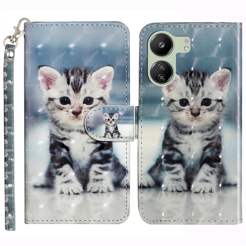 For Xiaomi Redmi 13C 4G / 13C 5G / 13R 5G / Poco C65 4G / Poco M6 5G Wallet Case PU Leather 3D Pattern Phone Cover - Cat