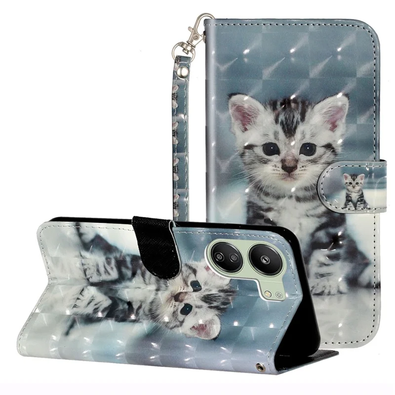 For Xiaomi Redmi 13C 4G / 13C 5G / 13R 5G / Poco C65 4G / Poco M6 5G Wallet Case PU Leather 3D Pattern Phone Cover - Cat