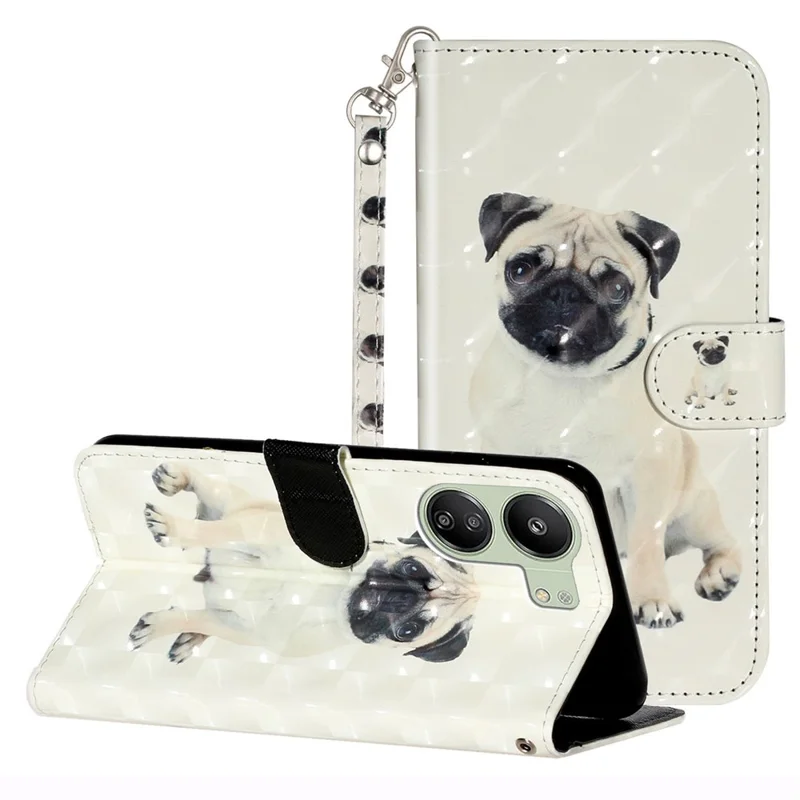 Para Xiaomi Redmi 13C 4G / 13C 5G / 13R 5G / Poco C65 4G / Poco M6 5G Wallet Case Capa de Telefone de Couro PU 3D Padrão - Cachorro