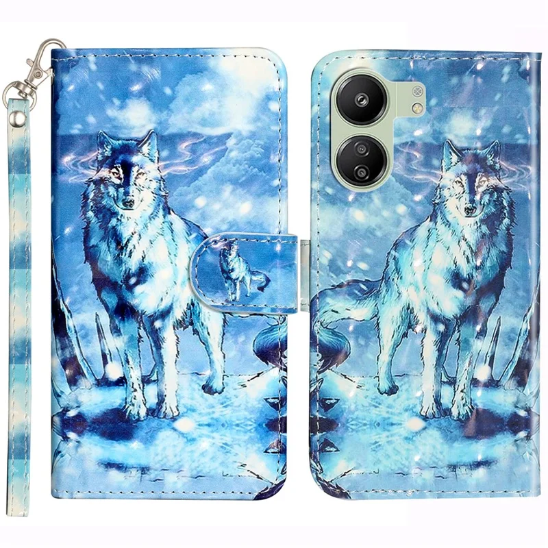 For Xiaomi Redmi 13C 4G / 13C 5G / 13R 5G / Poco C65 4G / Poco M6 5G Wallet Case PU Leather 3D Pattern Phone Cover - Snow Wolf