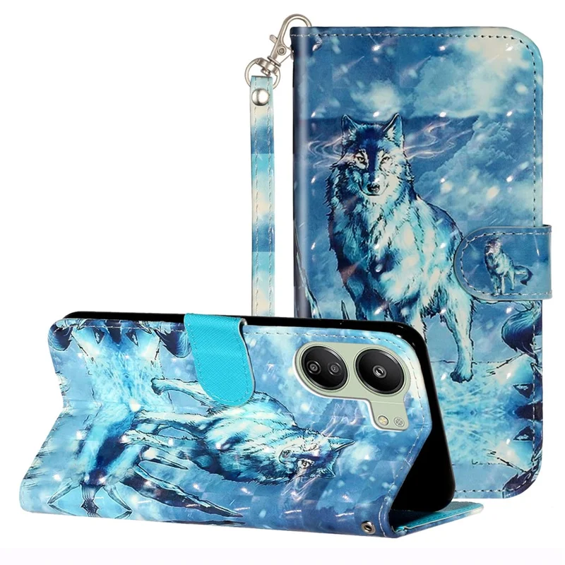 For Xiaomi Redmi 13C 4G / 13C 5G / 13R 5G / Poco C65 4G / Poco M6 5G Wallet Case PU Leather 3D Pattern Phone Cover - Snow Wolf