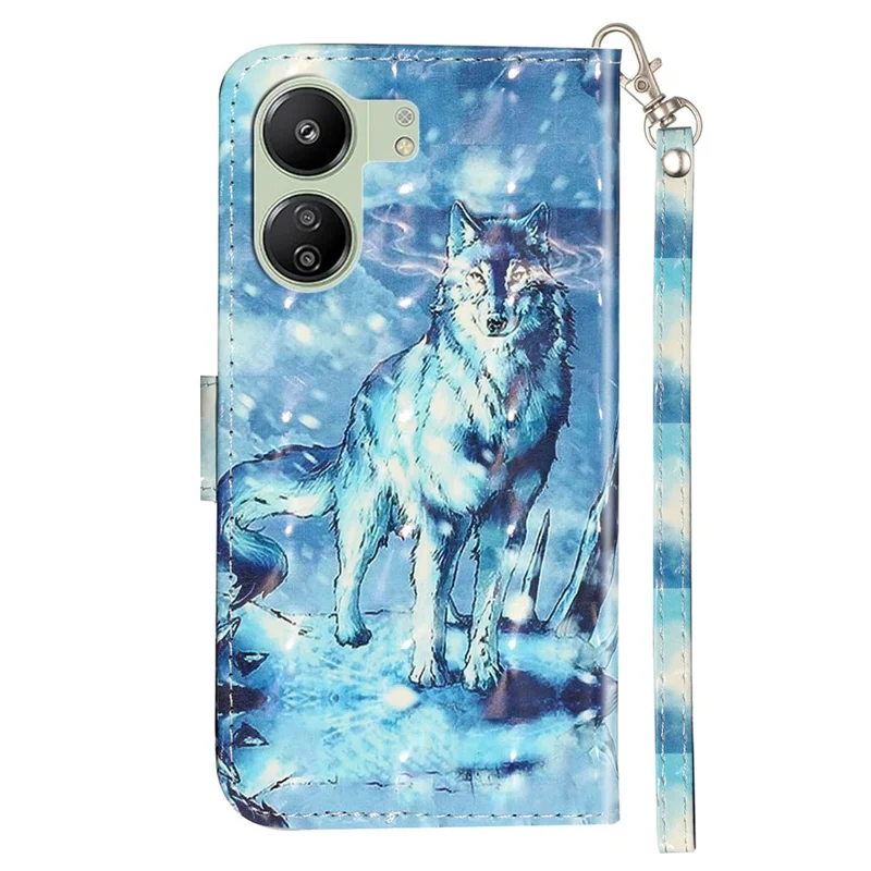 For Xiaomi Redmi 13C 4G / 13C 5G / 13R 5G / Poco C65 4G / Poco M6 5G Wallet Case PU Leather 3D Pattern Phone Cover - Snow Wolf