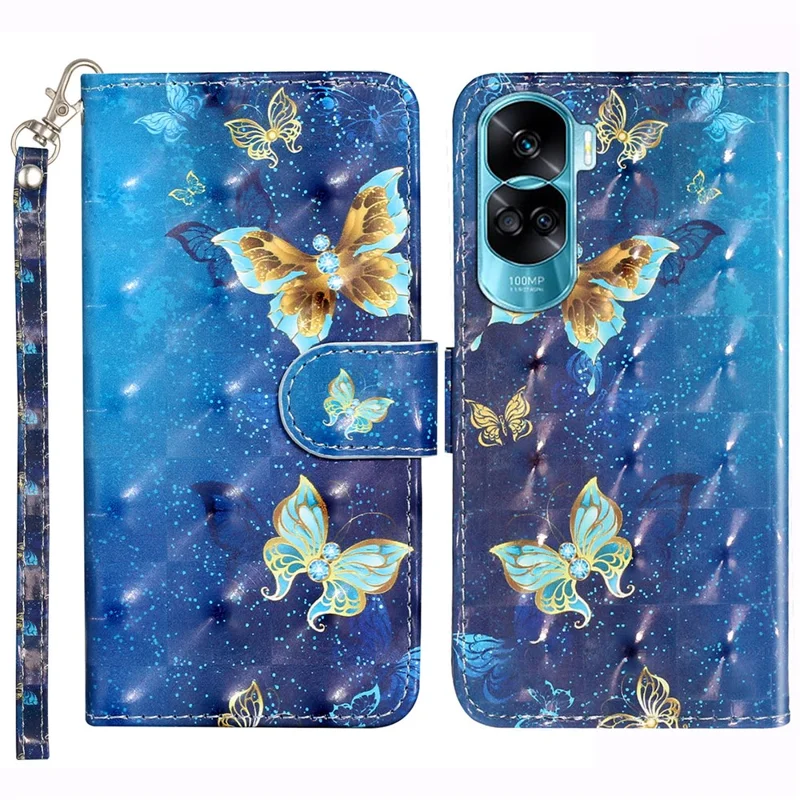 For Honor 90 Lite 5G / X50i 5G Phone Case 3D Pattern PU Leather Wrist Strap Cover - Blue Gold Butterflies