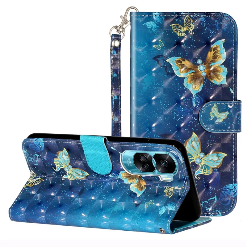 For Honor 90 Lite 5G / X50i 5G Phone Case 3D Pattern PU Leather Wrist Strap Cover - Blue Gold Butterflies