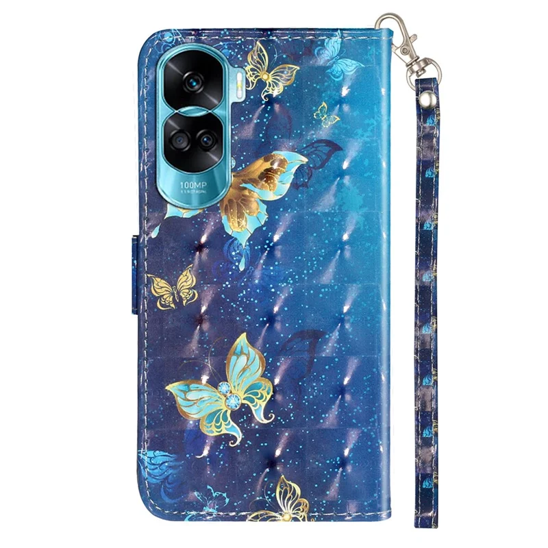 For Honor 90 Lite 5G / X50i 5G Phone Case 3D Pattern PU Leather Wrist Strap Cover - Blue Gold Butterflies