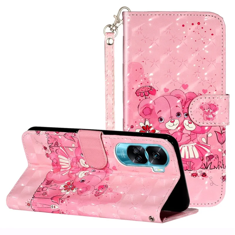 For Honor 90 Lite 5G / X50i 5G Phone Case 3D Pattern PU Leather Wrist Strap Cover - Bears
