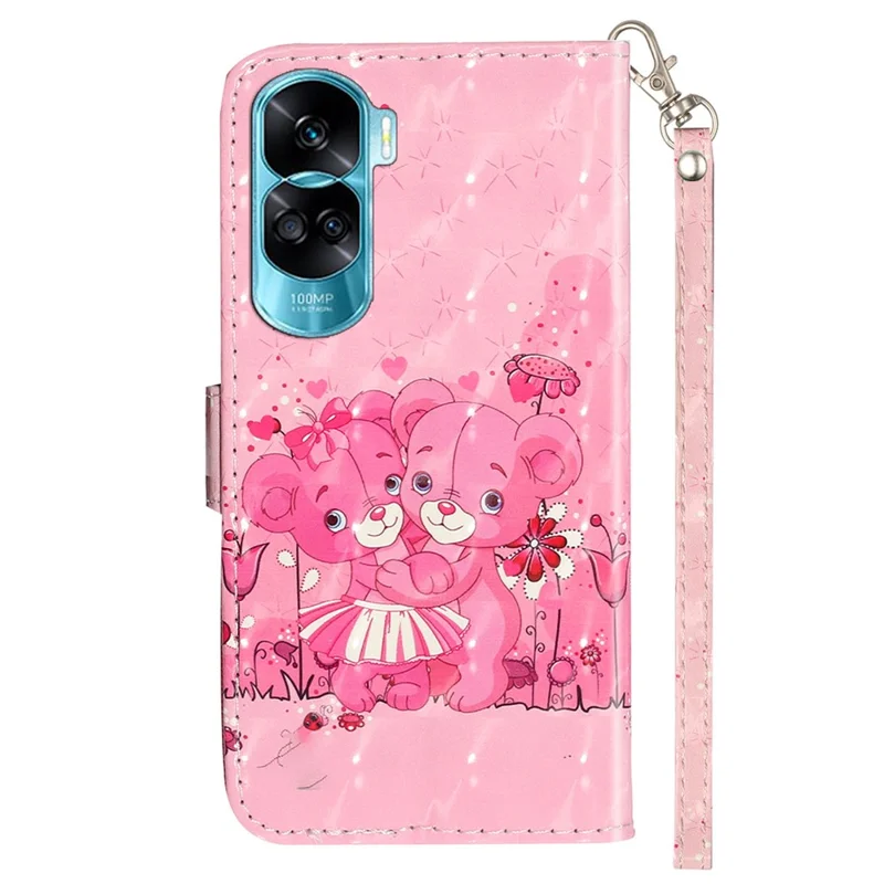 For Honor 90 Lite 5G / X50i 5G Phone Case 3D Pattern PU Leather Wrist Strap Cover - Bears