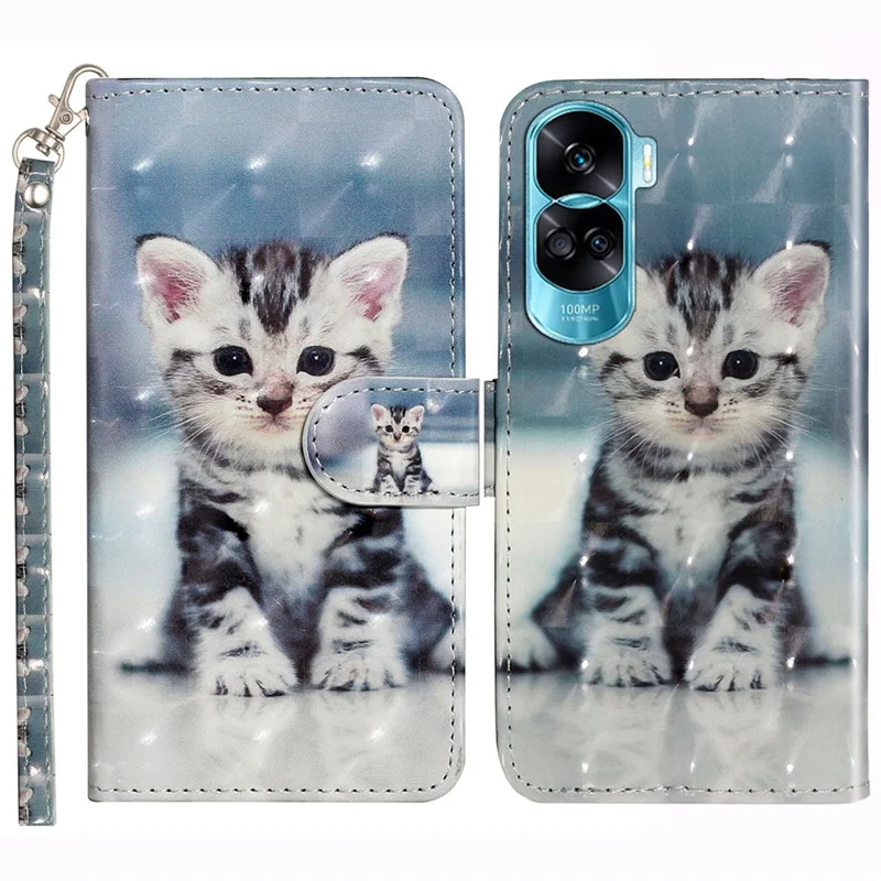 For Honor 90 Lite 5G / X50i 5G Phone Case 3D Pattern PU Leather Wrist Strap Cover - Cat