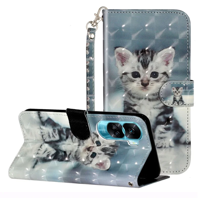 For Honor 90 Lite 5G / X50i 5G Phone Case 3D Pattern PU Leather Wrist Strap Cover - Cat