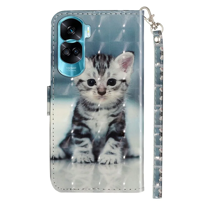For Honor 90 Lite 5G / X50i 5G Phone Case 3D Pattern PU Leather Wrist Strap Cover - Cat