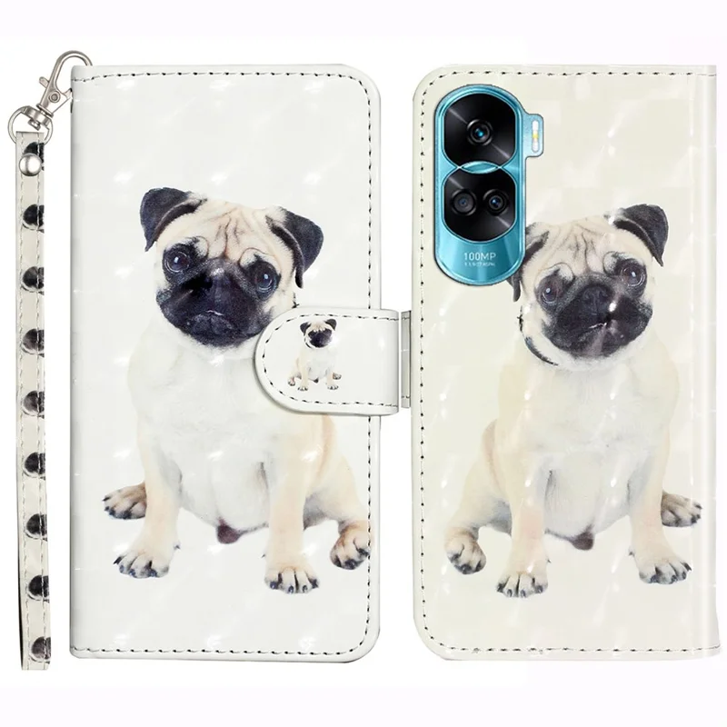 Fodral för Honor 90 Lite 5G / X50i 5G mobil 3D-mönster PU-läder med handledsrem - Hund
