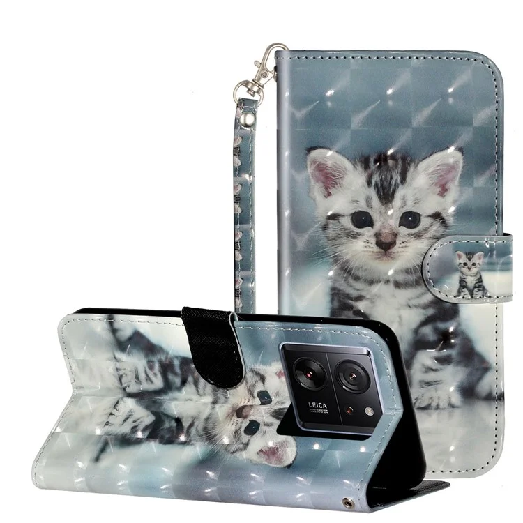 Per Xiaomi 13T / 13T Pro / Redmi K60 Ultra Case PU Leather 3D Pattern Folio Phone Cover - Cat