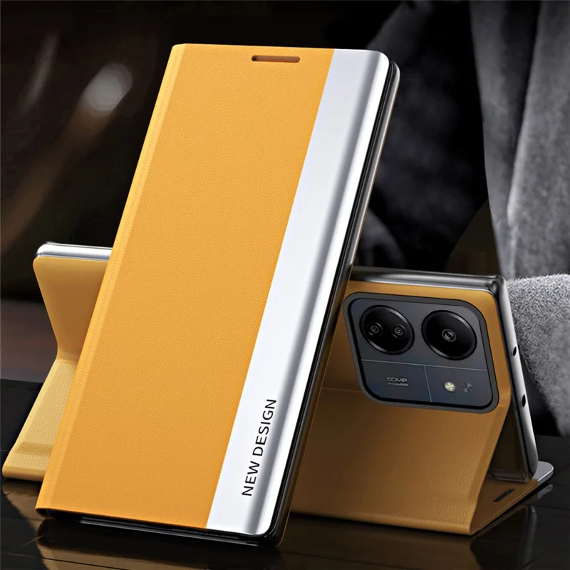 Für Xiaomi Redmi 13C 4G / Poco C65 4G Standhülle Elektroplattierung Telefonlederabdeckung - Gelb