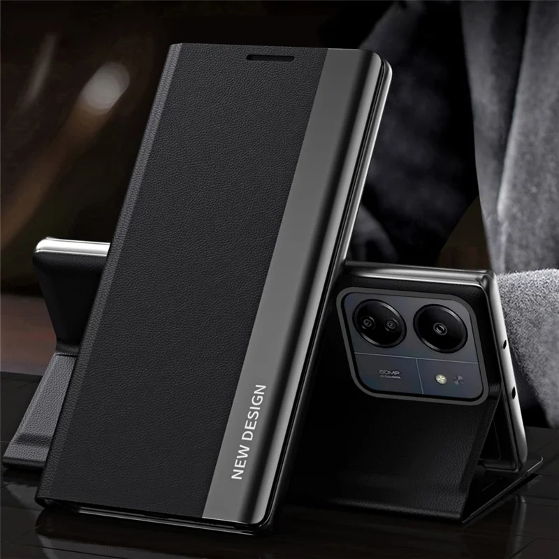 For Xiaomi Redmi 13C 4G / Poco C65 4G Stand Case Electroplating Phone Leather Cover - Black