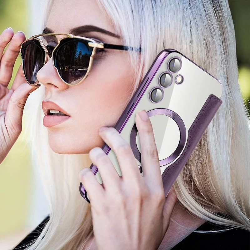 For Samsung Galaxy S23 FE Case Magnetic Case Card Holder Stand Cover - Purple