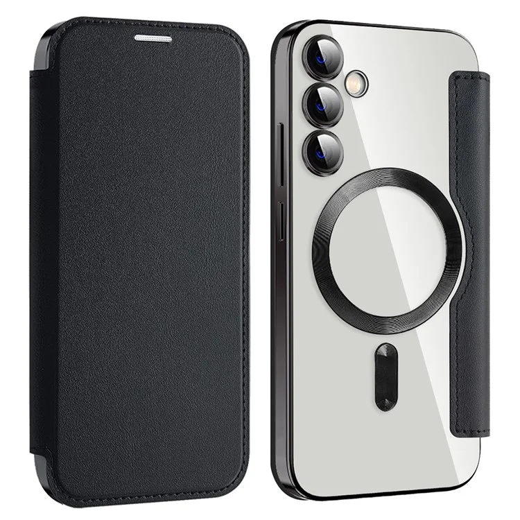 For Samsung Galaxy S23 FE Case Magnetic RFID Blocking Electroplating Phone Cover with Lens Film and Card Slots - Black