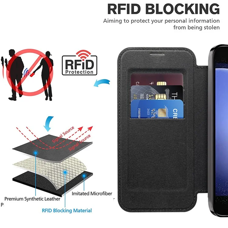 For Samsung Galaxy S23 FE Case Magnetic RFID Blocking Electroplating Phone Cover with Lens Film and Card Slots - Black