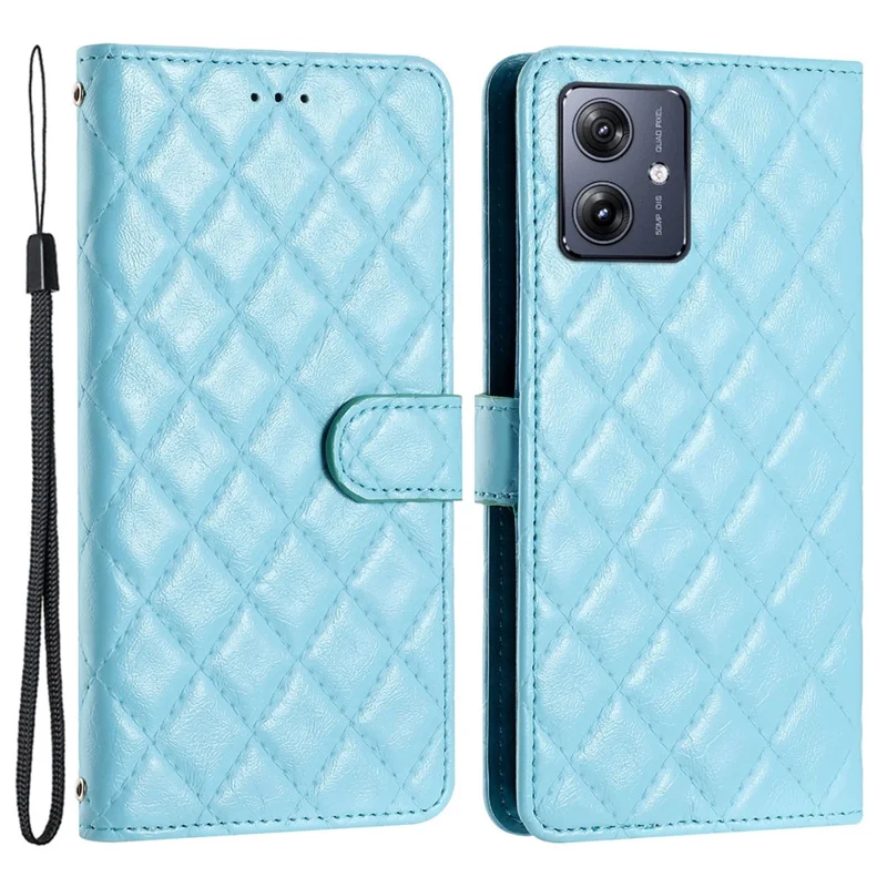 For Motorola Moto G14 4G Wallet Case PU Leather Rhombus Grid Phone Cover - Blue