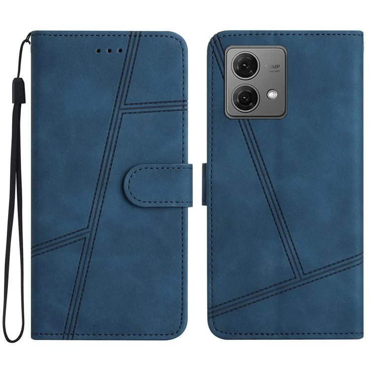 For Motorola Moto G84 5G Cell Phone Case with Strap Lines Imprinted PU Leather Cover - Blue