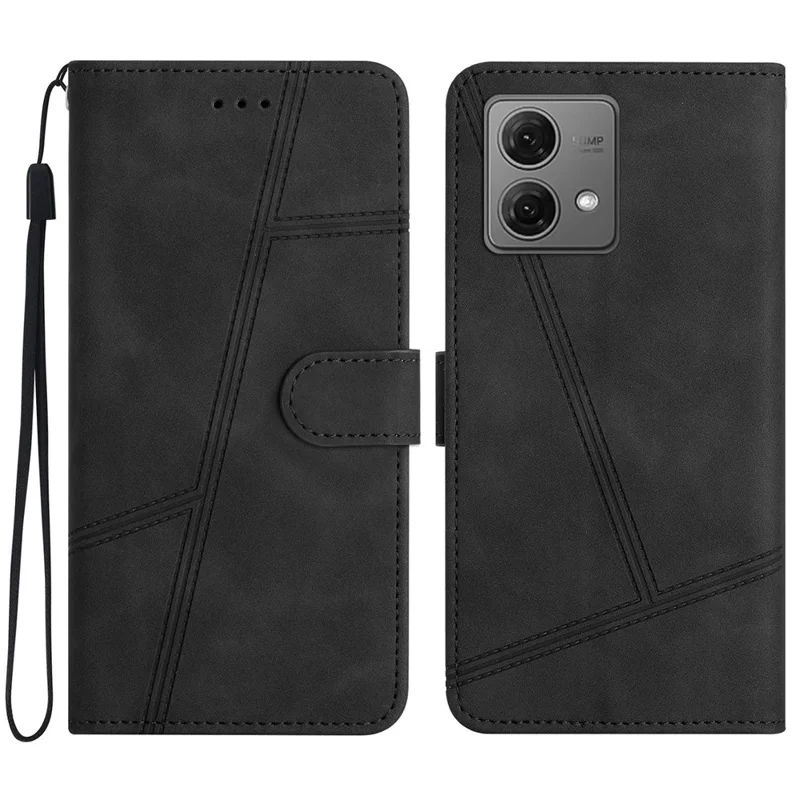 For Motorola Moto G84 5G Cell Phone Case with Strap Lines Imprinted PU Leather Cover - Black