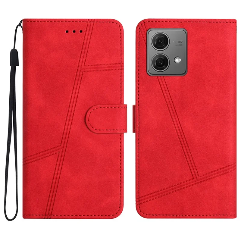For Motorola Moto G84 5G Cell Phone Case with Strap Lines Imprinted PU Leather Cover - Red