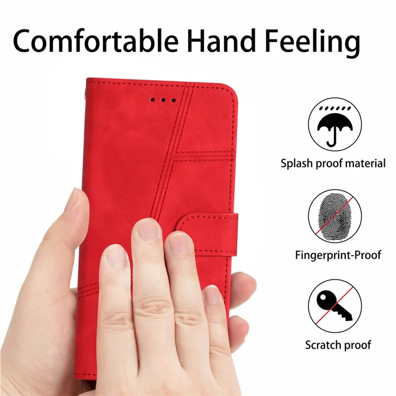 For Motorola Moto G84 5G Cell Phone Case with Strap Lines Imprinted PU Leather Cover - Red