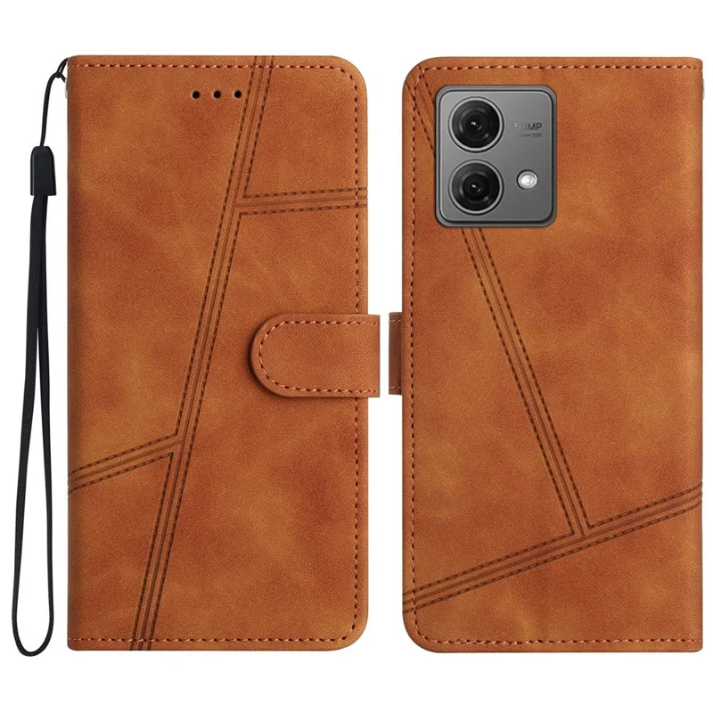 For Motorola Moto G84 5G Cell Phone Case with Strap Lines Imprinted PU Leather Cover - Brown