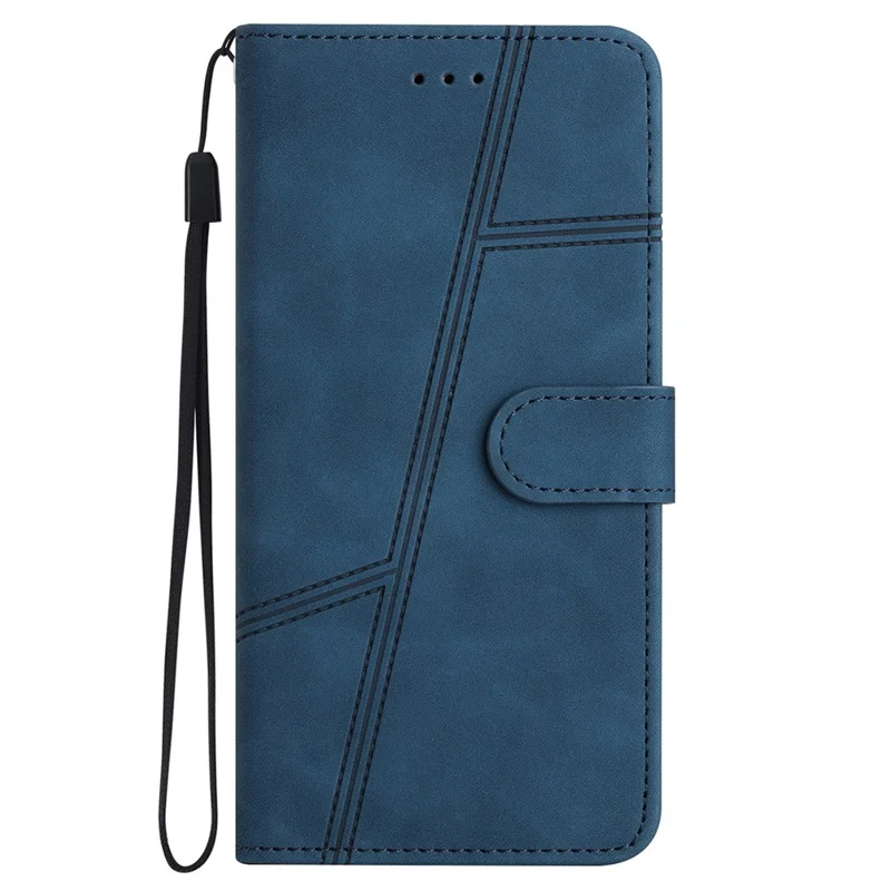 For Motorola Moto G14 4G Cell Phone Case with Strap Lines Imprinted Stand Leather Cover - Blue