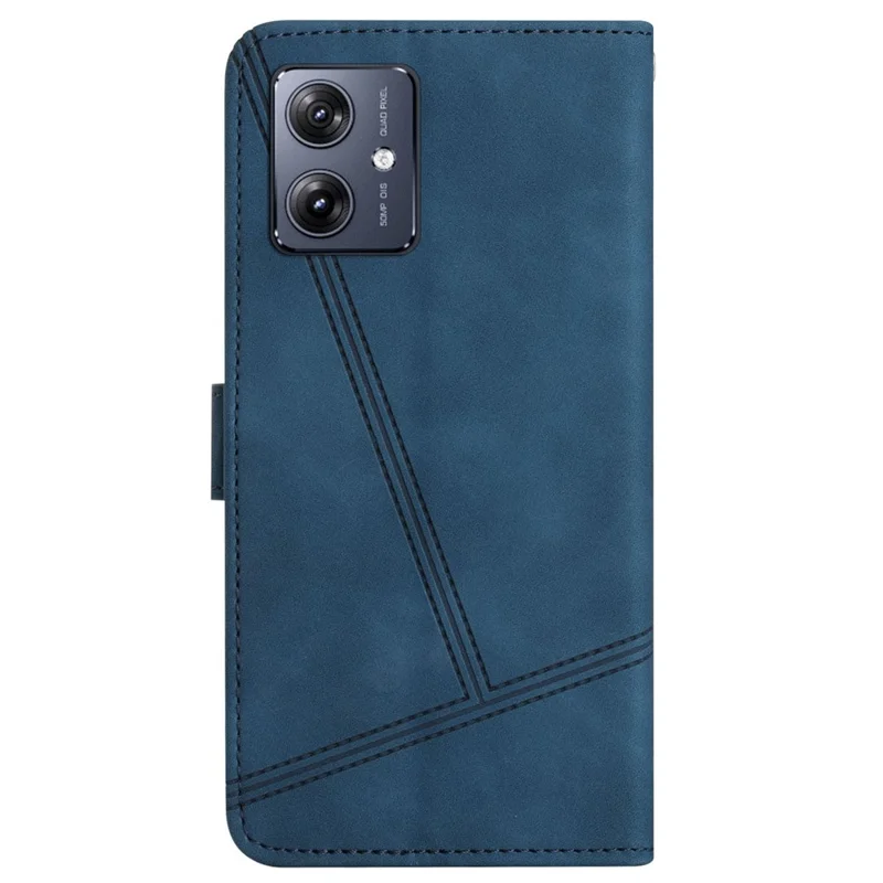 For Motorola Moto G14 4G Cell Phone Case with Strap Lines Imprinted Stand Leather Cover - Blue