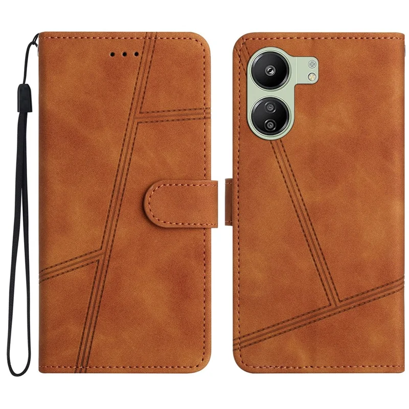 Capas de Telemóvel Anti-queda para Xiaomi Redmi 13C 4G / 13C 5G / 13R 5G / Poco C65 4G / Poco M6 5G, Capa em Pele com Linhas Impressas - Marrom