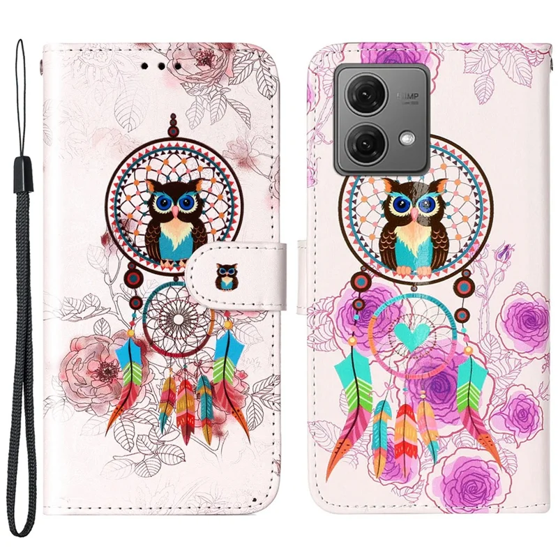 For Motorola Moto G84 5G Leather Case PU Leather+TPU Embossment Phone Protective Cover  with Hand Strap - Wind Chime Owl