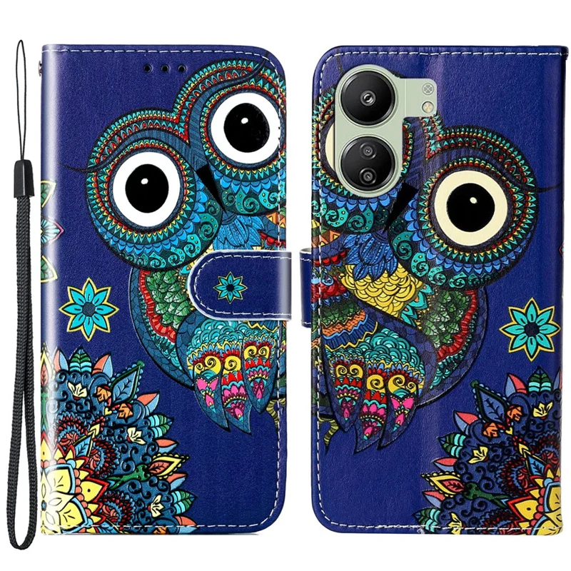 Phone Case For Xiaomi Redmi 13C 4G / 13C 5G / 13R 5G / Poco C65 4G / Poco M6 5G Shell Leather Pattern Printed Card Slot - Blue Owl