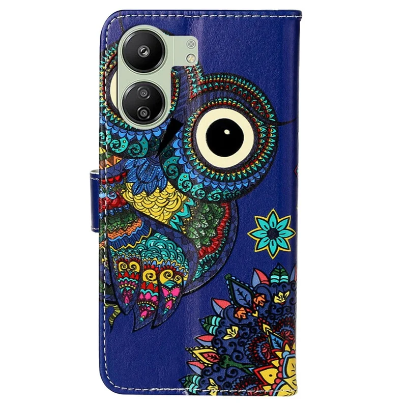 Phone Case For Xiaomi Redmi 13C 4G / 13C 5G / 13R 5G / Poco C65 4G / Poco M6 5G Shell Leather Pattern Printed Card Slot - Blue Owl
