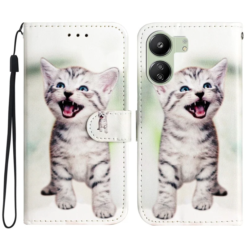 For Xiaomi Redmi 13C 4G / 13C 5G / 13R 5G / Poco C65 4G / Poco M6 5G Case PU Leather Cover with Pattern Printing - Cat