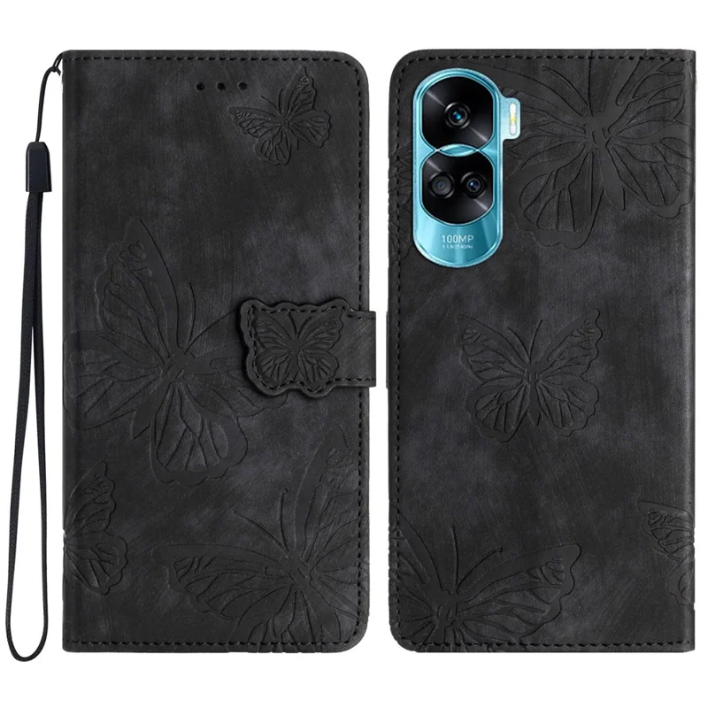 Voor Honor 90 Lite 5G / X50i 5G Case Vlinder Afdruk PU Leren Polsbandje Telefoonhoes - Zwart
