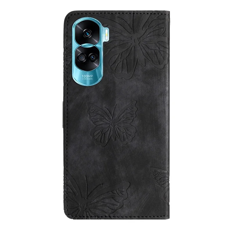 Voor Honor 90 Lite 5G / X50i 5G Case Vlinder Afdruk PU Leren Polsbandje Telefoonhoes - Zwart